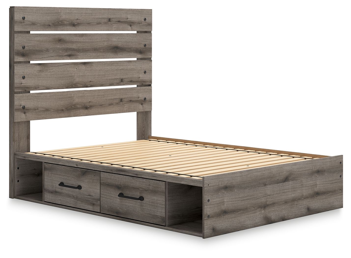 Dark gray storage bed with slatted base and two front drawers, raised headboard
