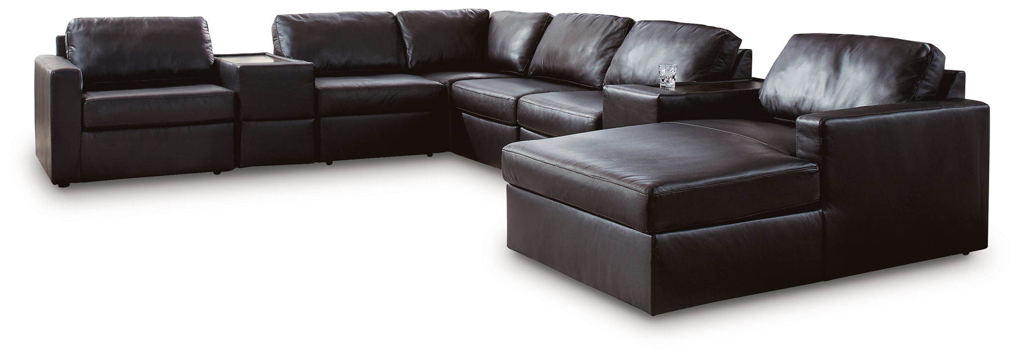 Black sectional sofa with chaise seating and squared ottoman-style blocks