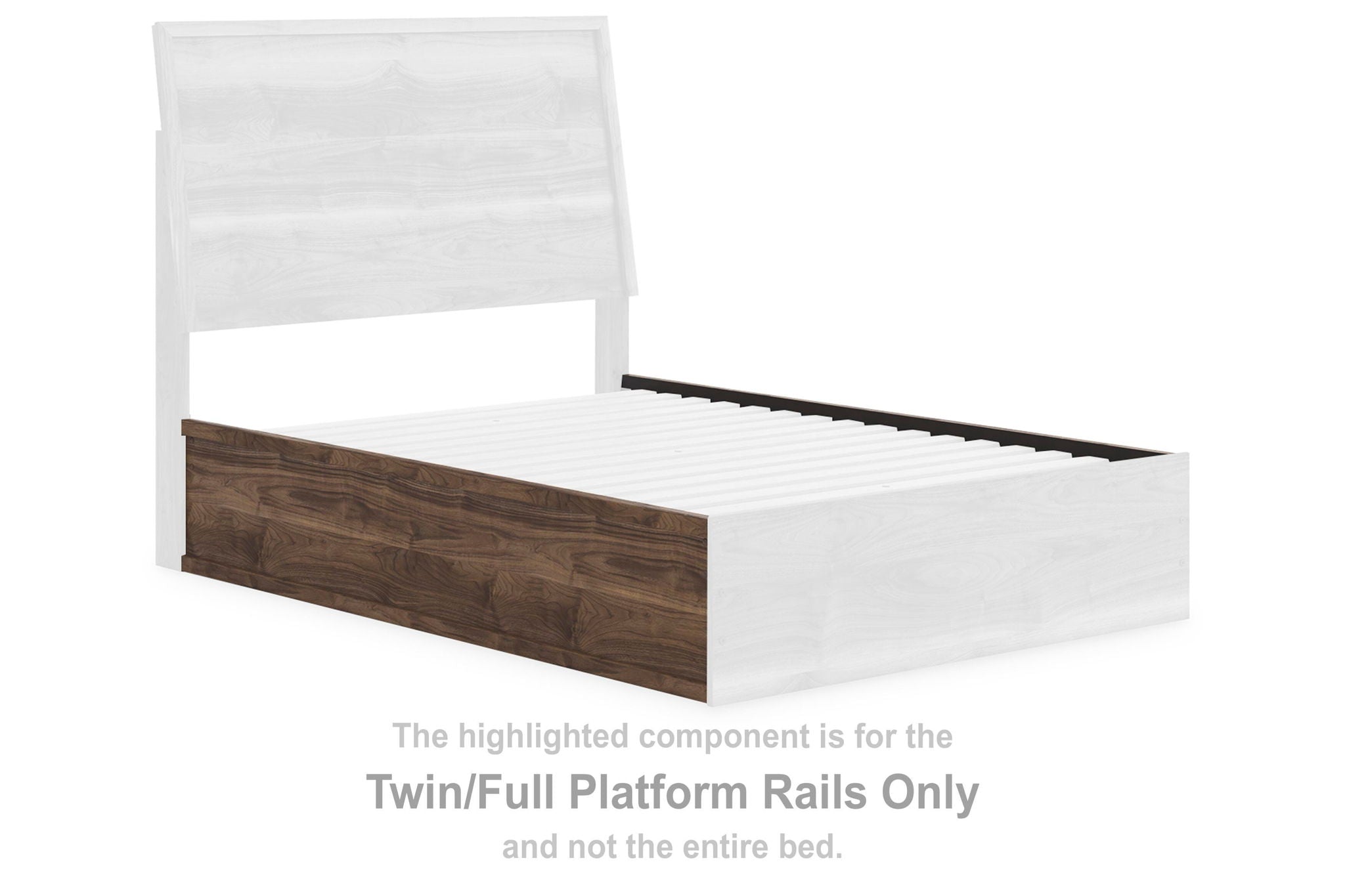 Brown twin/full platform bed rails with wooden side panels and white slat base