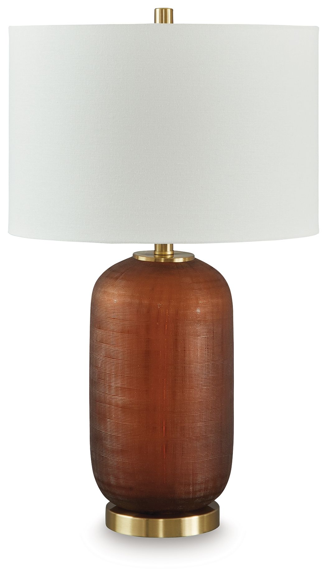Amber glass table lamp with white fabric drum shade and brass base