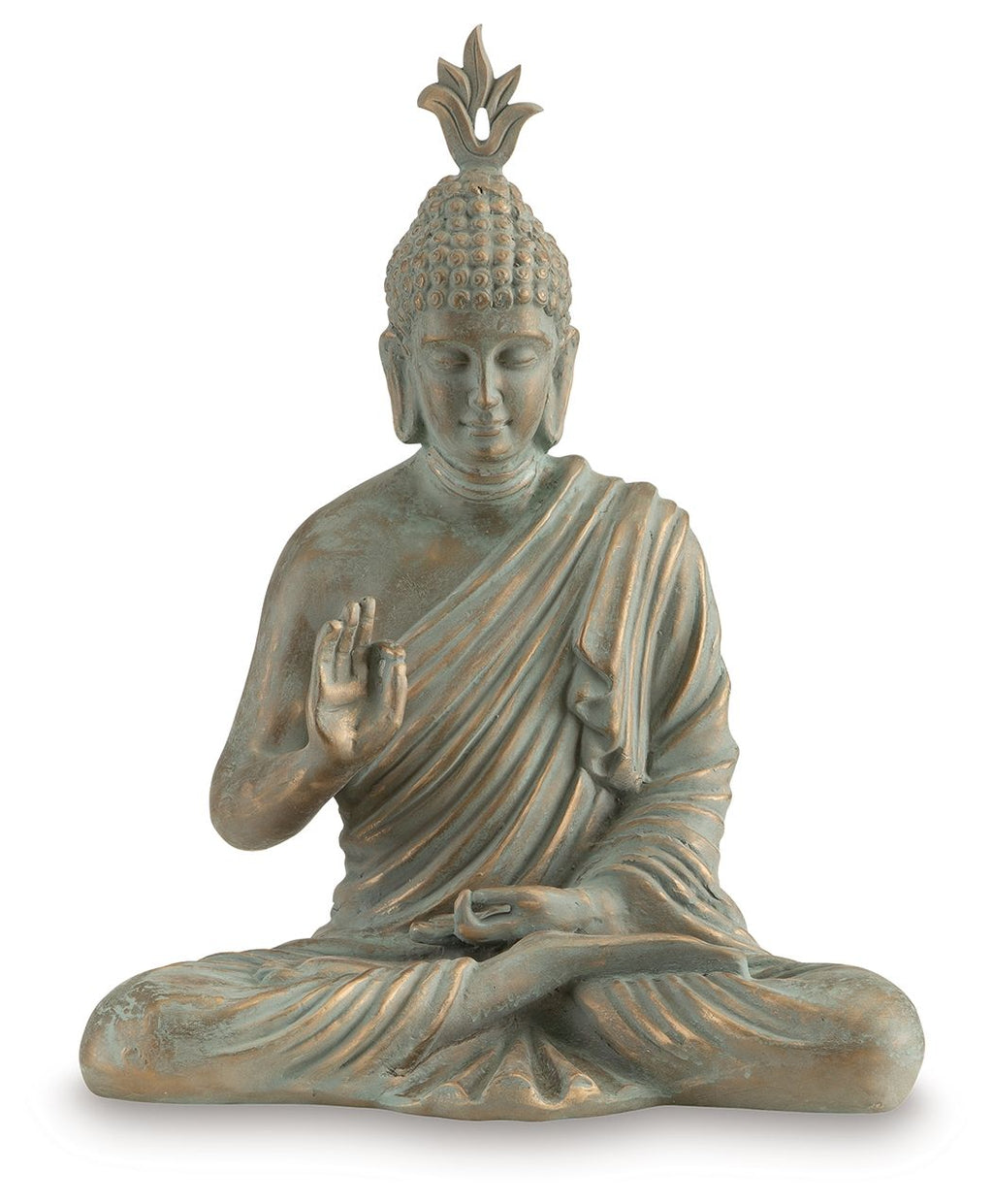 Seated Buddha sculpture with green patina, front view with hand gesture and draped robe