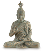 Seated Buddha sculpture with green patina, front view with hand gesture and draped robe
