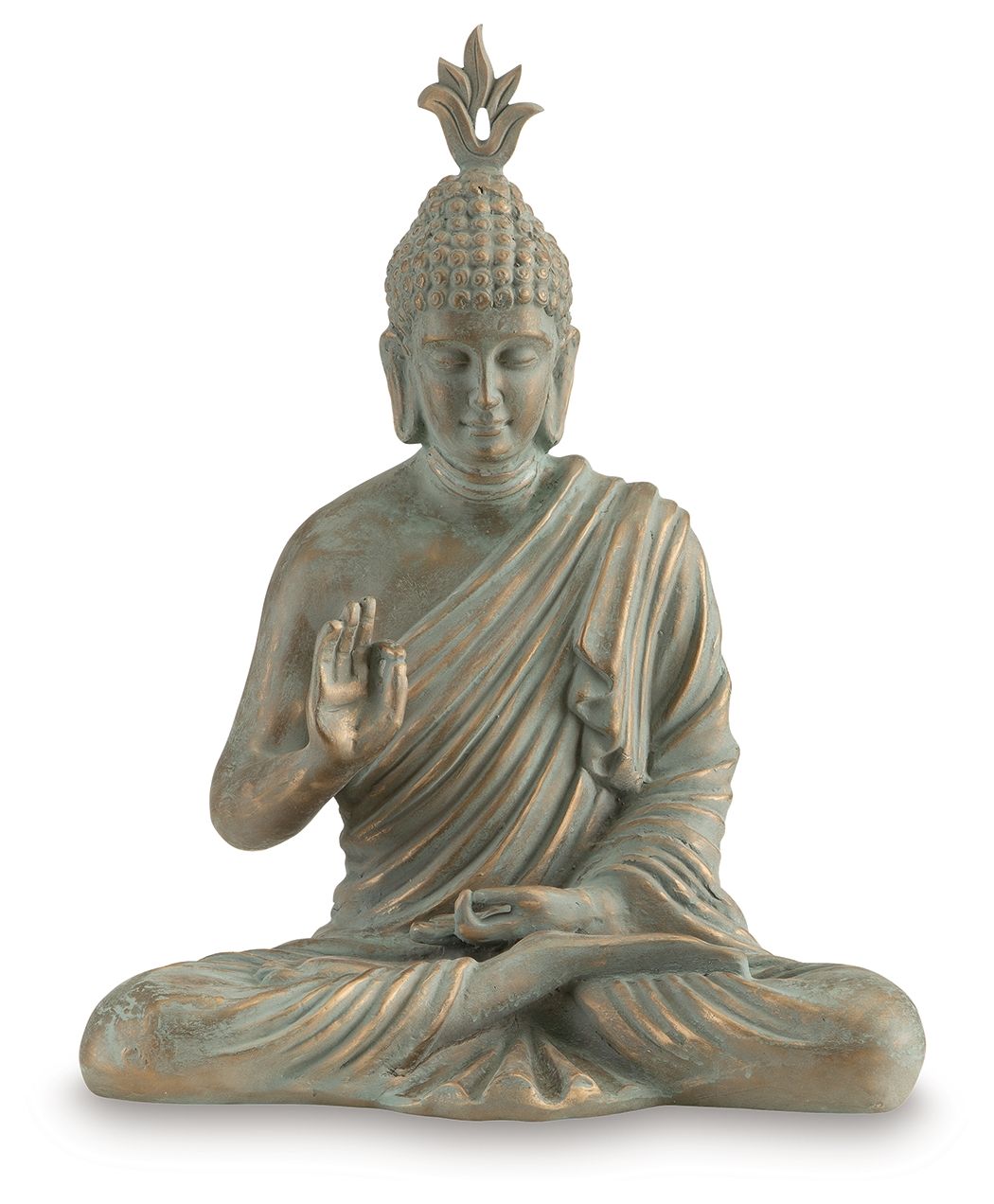 Seated Buddha sculpture with green patina, front view with hand gesture and draped robe