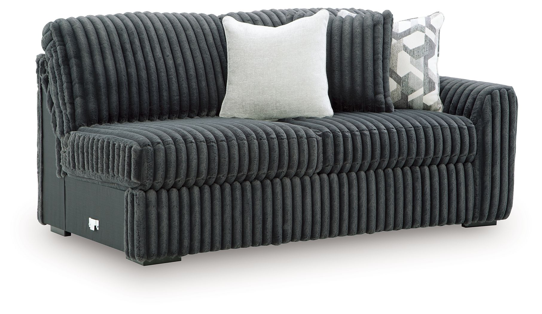 Gunmetal corded sofa with ribbed upholstery, square arms, and two throw pillows