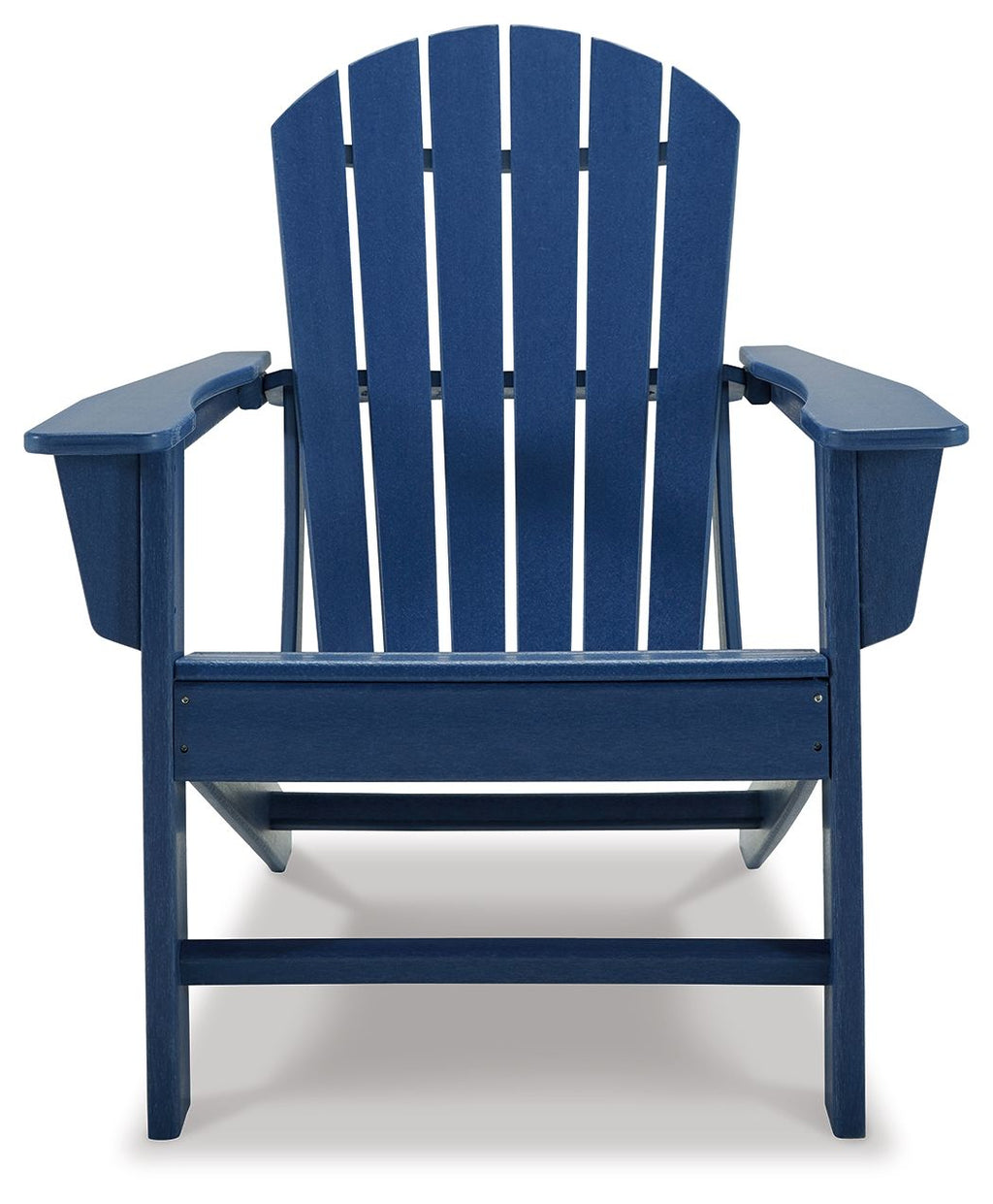 Outdoor adirondack chair, blue slatted seat, back, and side armrests