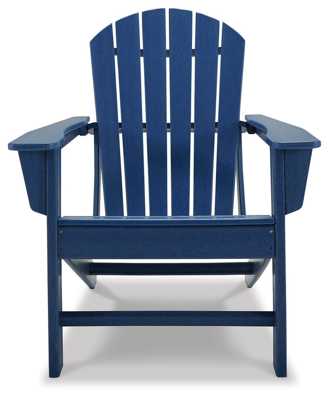 Outdoor adirondack chair, blue slatted seat, back, and side armrests