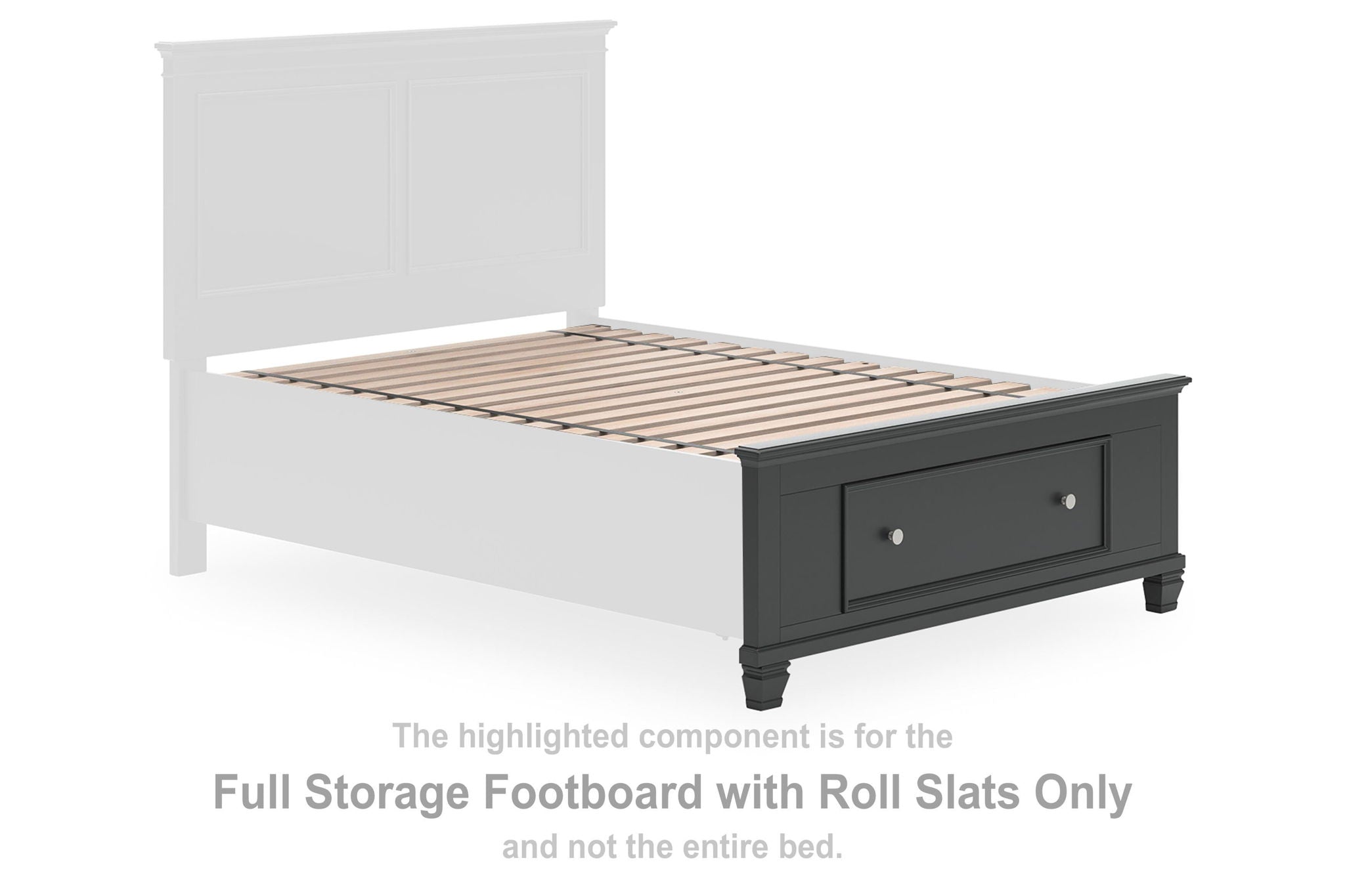 Black bed footboard with storage drawer and roll slat base
