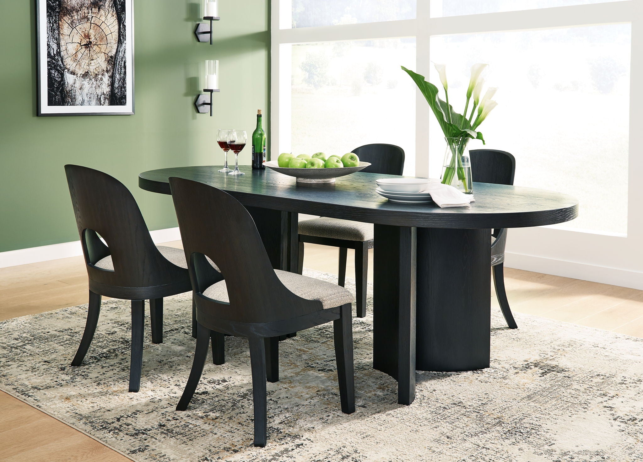 Black dining table set with four chairs and server cabinet