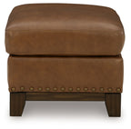 Saonara amber ottoman with studded band, stacked frame, dark wooden legs