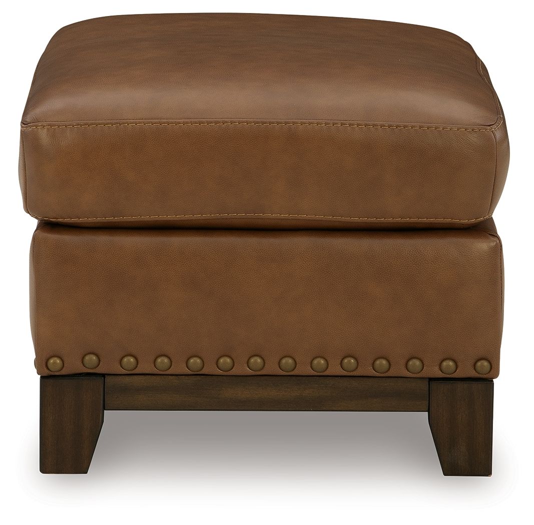 Saonara amber ottoman with studded band, stacked frame, dark wooden legs