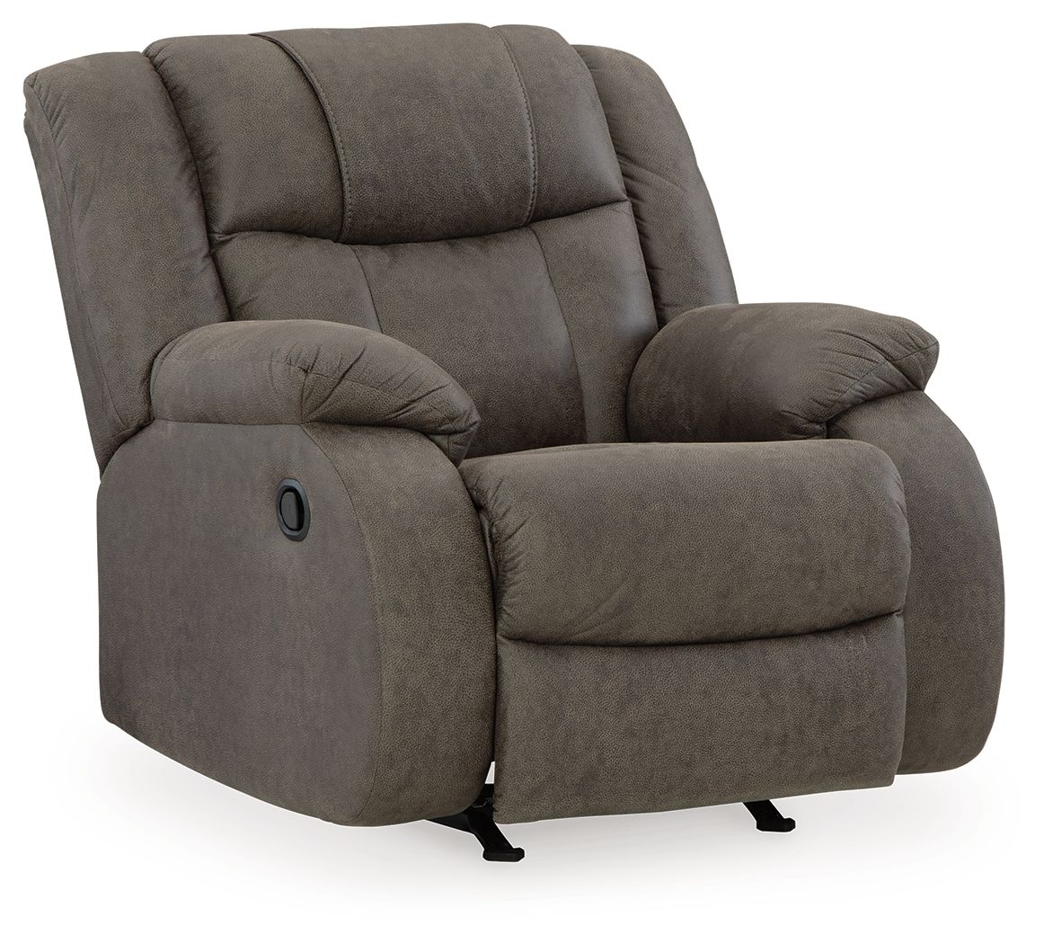 Gunmetal gray rocker recliner chair with padded arms, headrest, and recline footrest