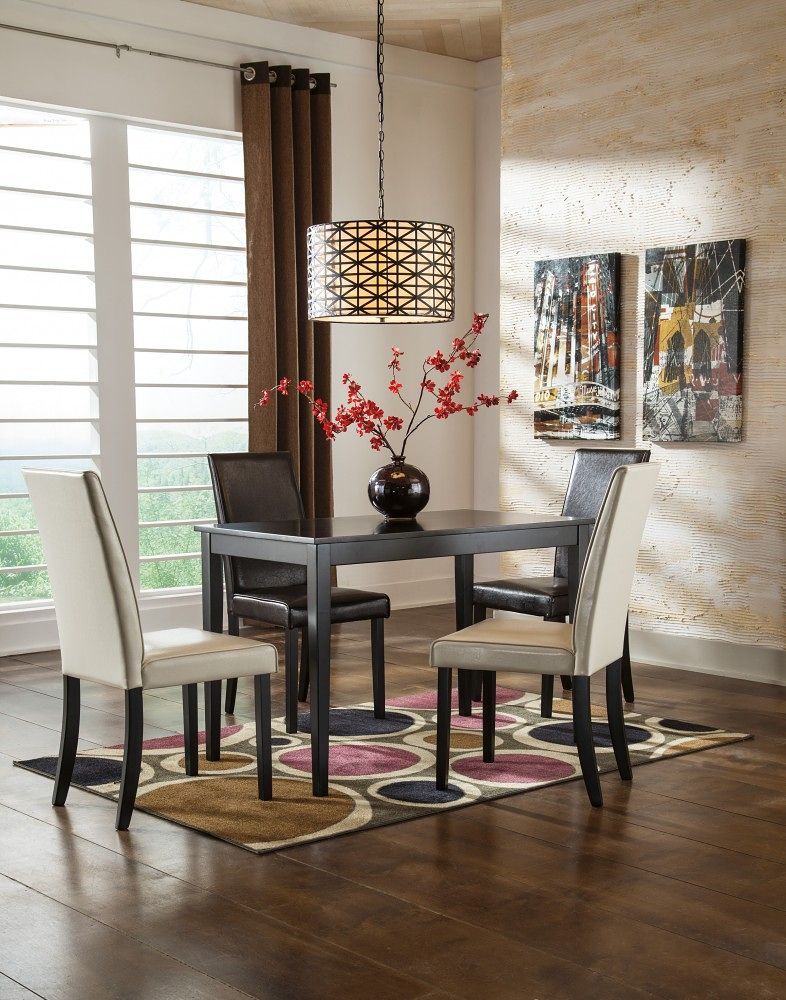 Dining table set with dark wood table and beige upholstered chairs