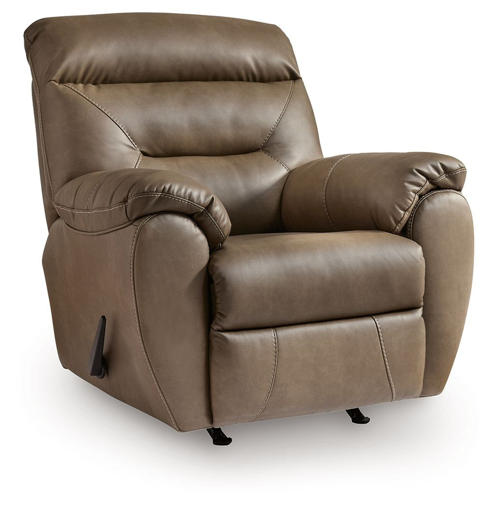 Dark gray rocker recliner, front view, rounded arms and stitched upholstery seams