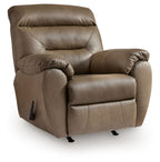 Dark gray rocker recliner, front view, rounded arms and stitched upholstery seams