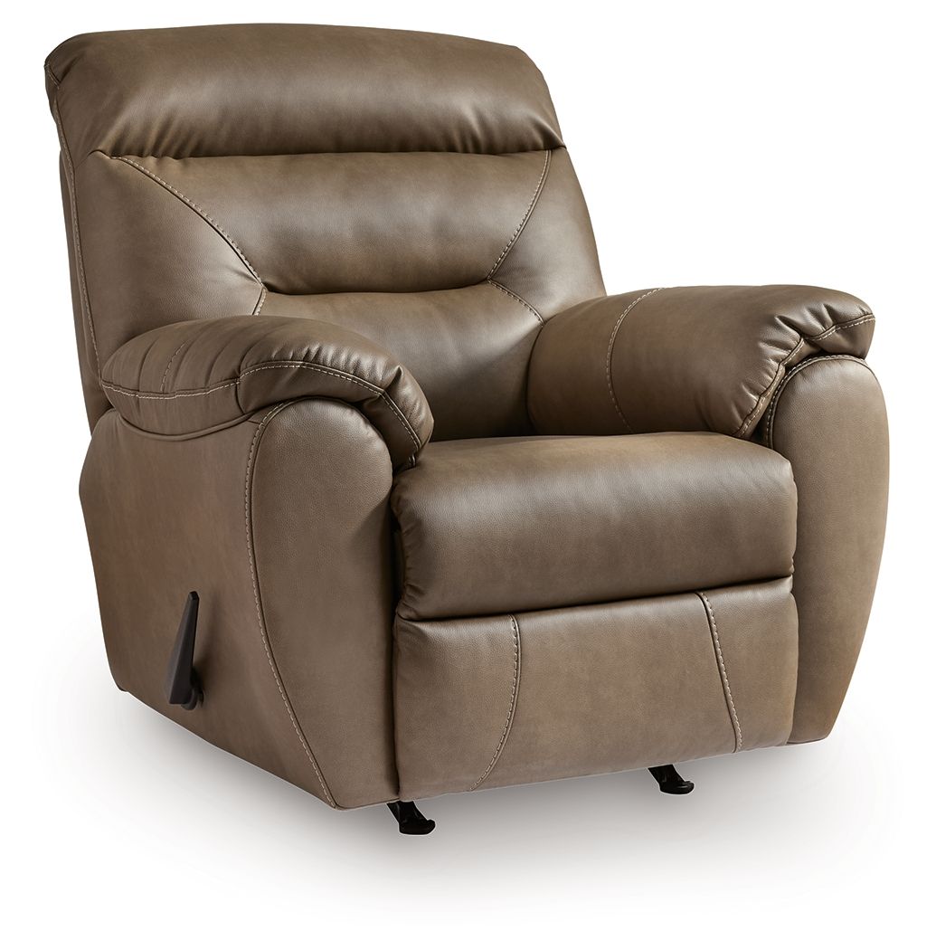 Dark gray rocker recliner, front view, rounded arms and stitched upholstery seams