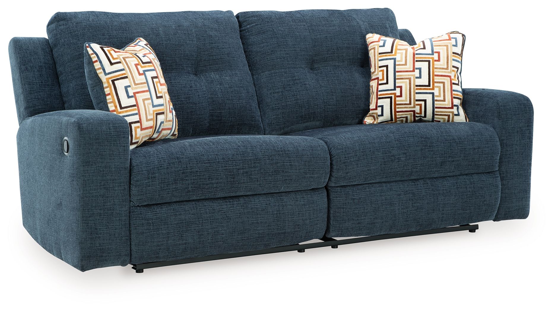 Ink blue 2-seat reclining sofa with patterned throw pillows and wide track arms