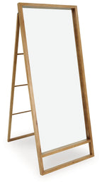 Brown wooden floor mirror with full-length rectangular glass