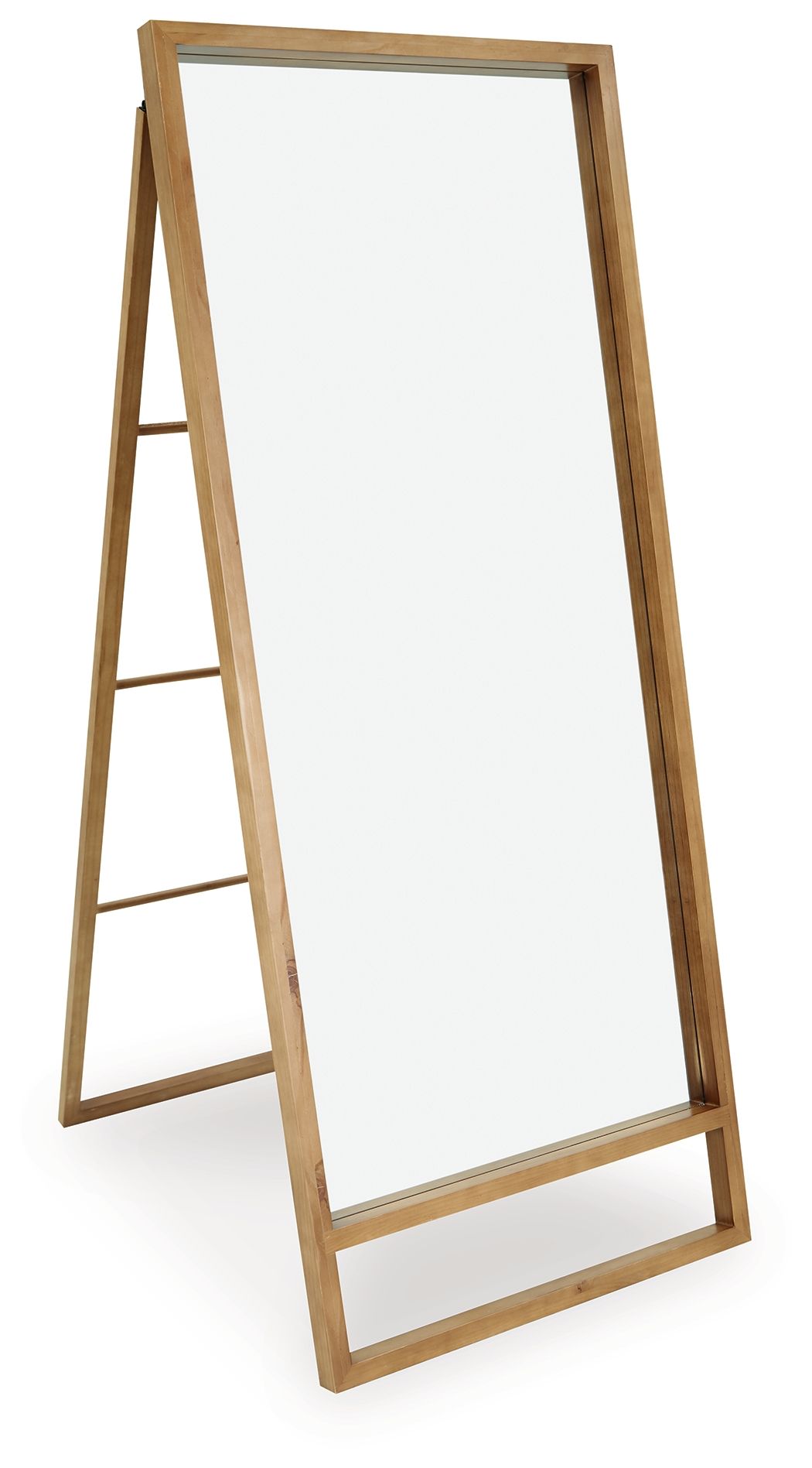 Brown wooden floor mirror with full-length rectangular glass
