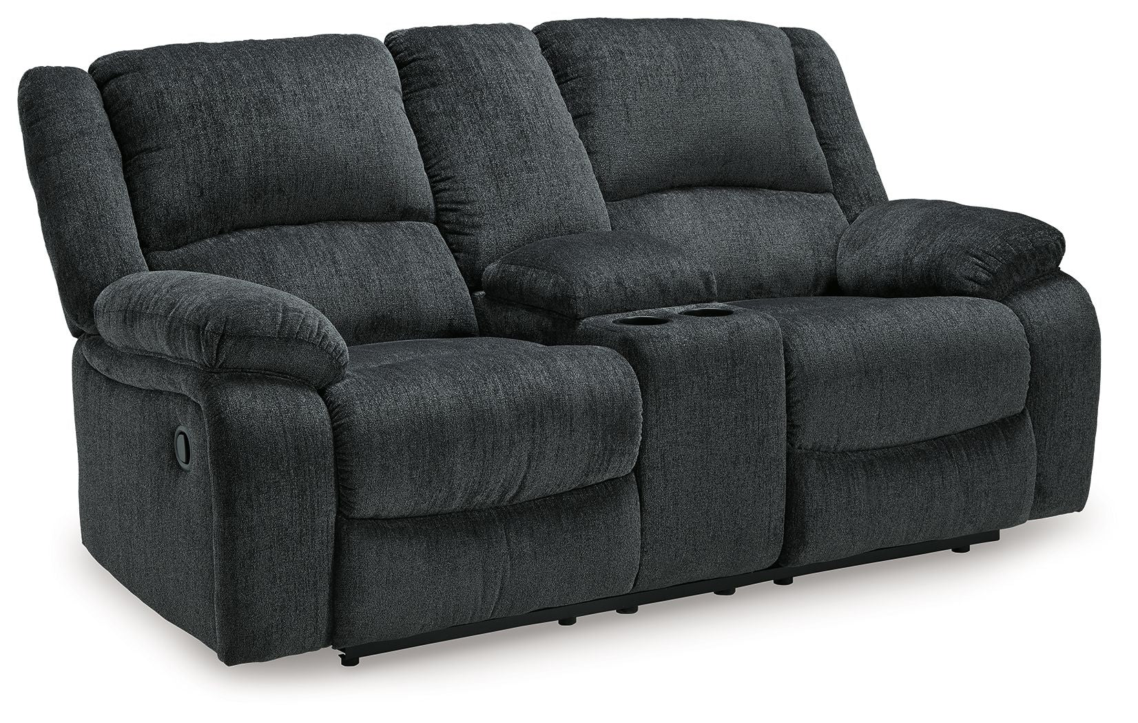 Dark gray reclining loveseat with padded arms and split back cushions