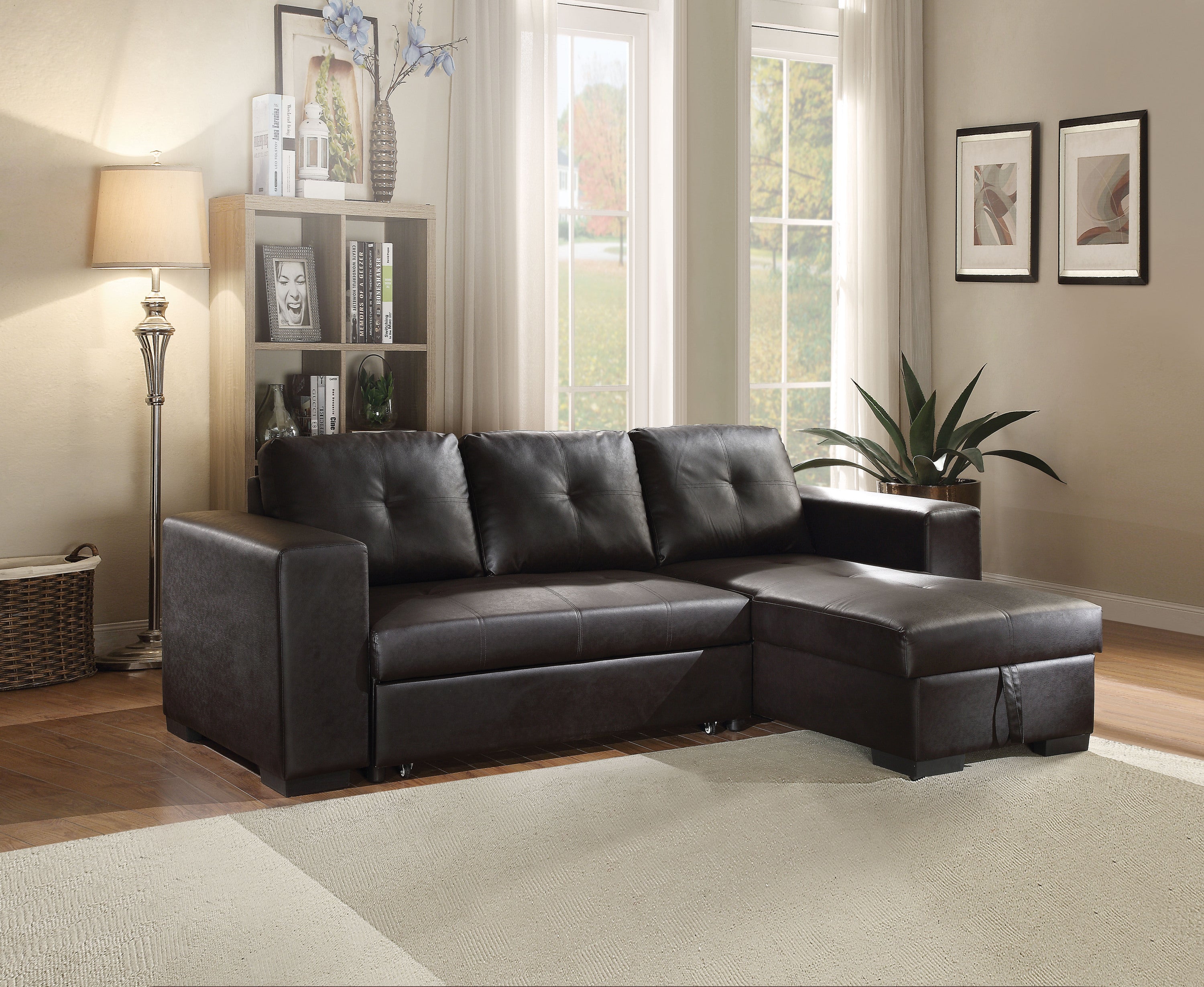 ACME Lloyd Black Faux Leather Sectional Sofa with Sleeper & Storage Chaise-Sleeper Sectionals-American Furniture Outlet