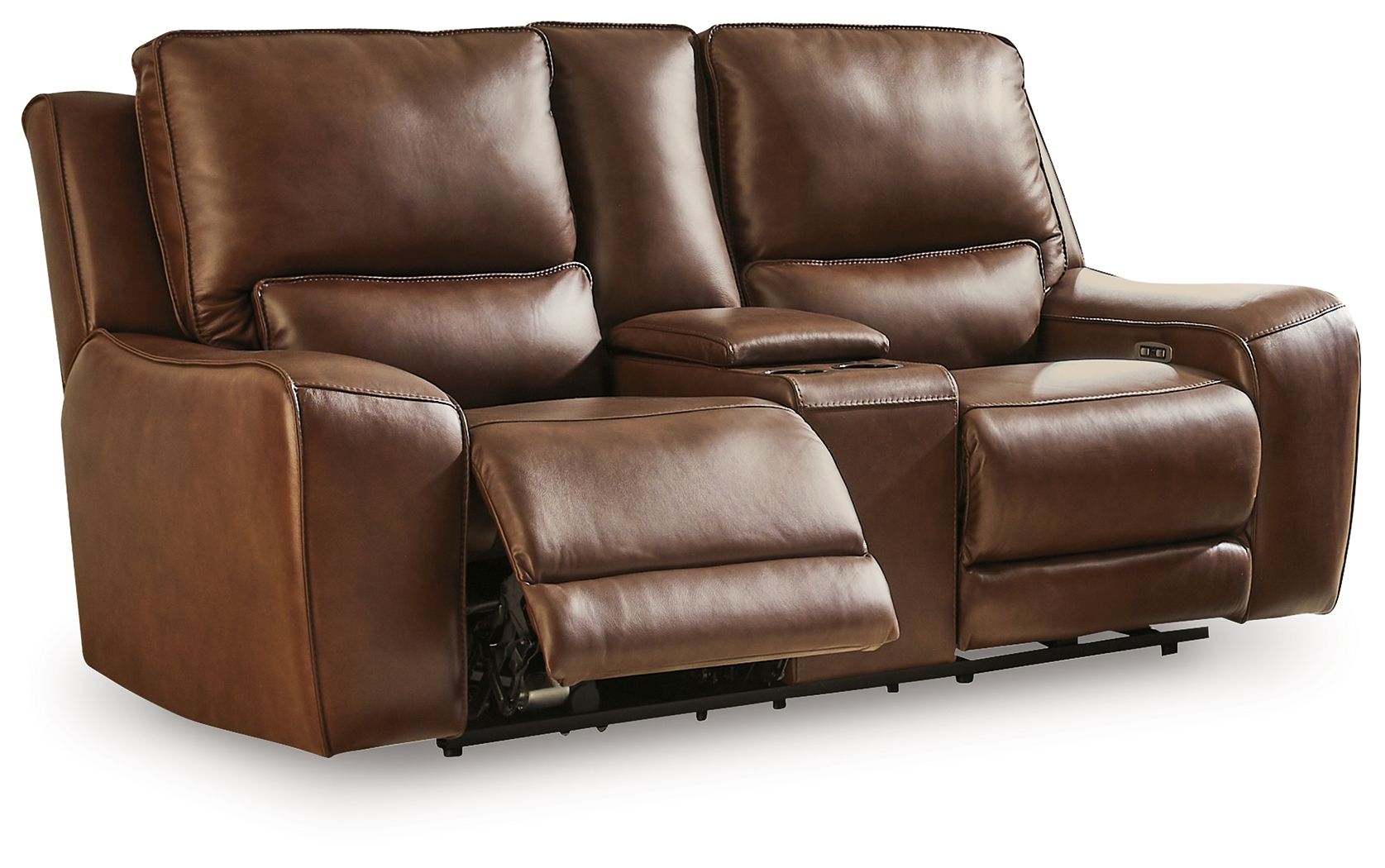Power reclining loveseat with console and adjustable headrests, dark brown upholstery