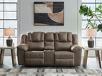 Dark brown fabric double reclining loveseat with tufted back cushions