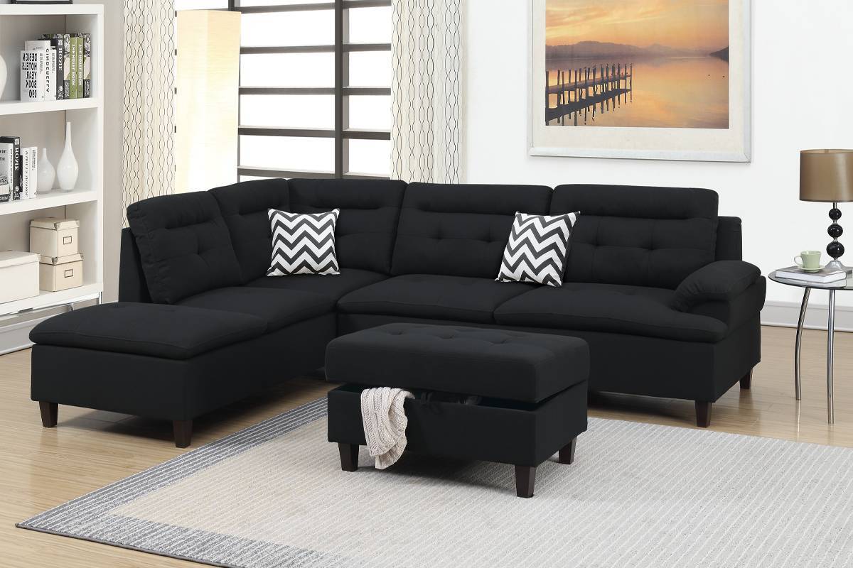 Black Linen Sectional Sofa with Ottoman & Chaise