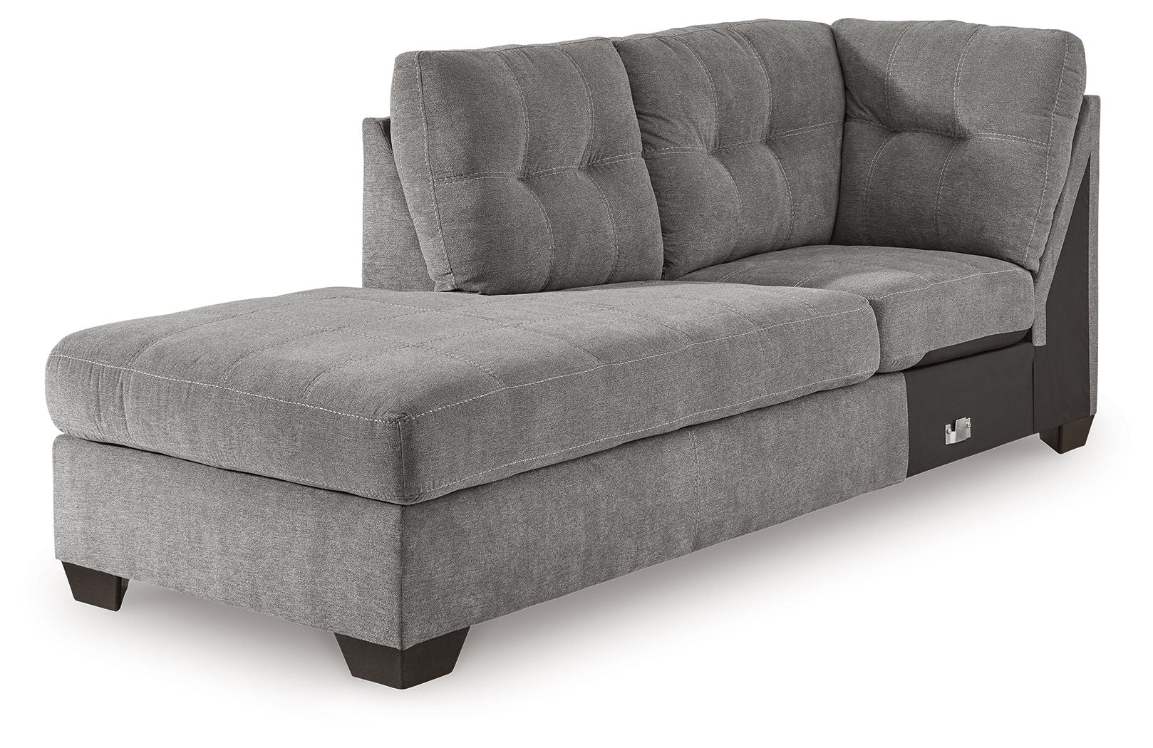 Gray corner chaise sofa with tufted back, upholstered arms, and dark wooden legs