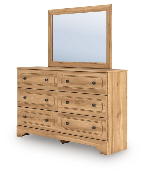 Aleaport dresser in light brown wood with attached mirror and six drawers