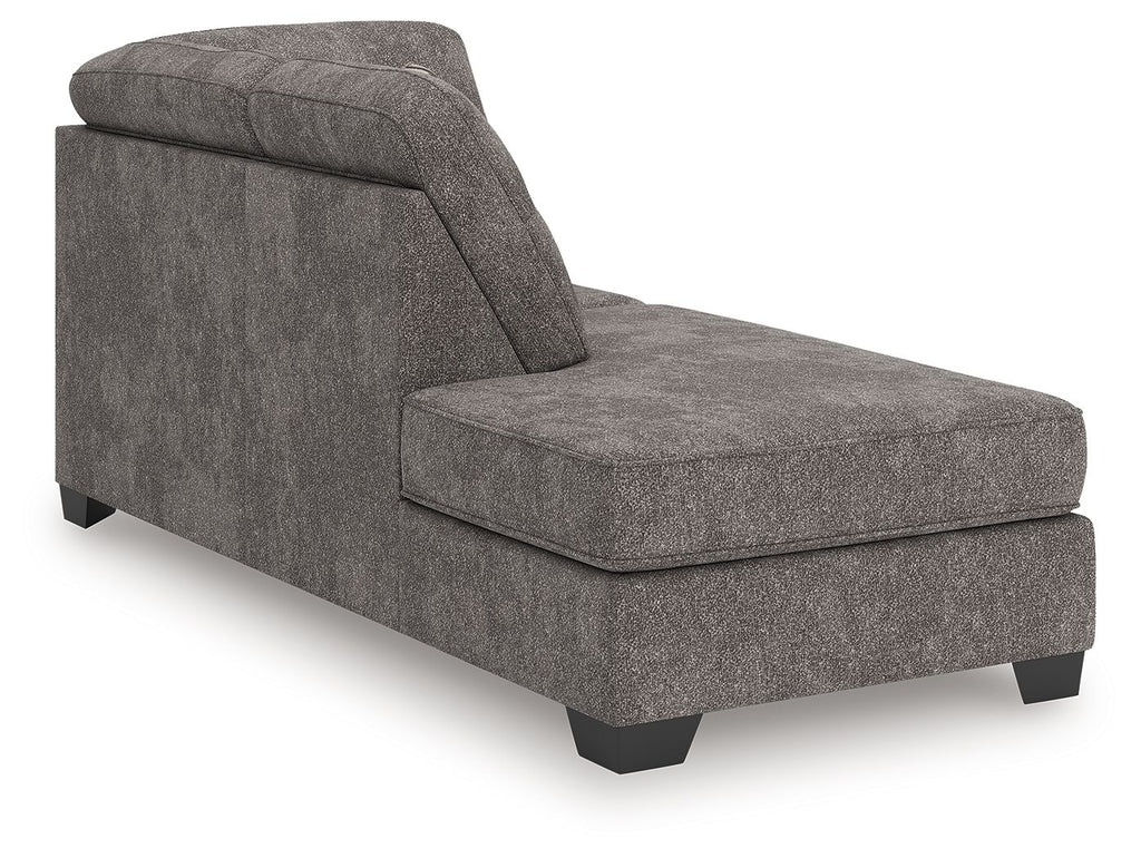 Graphite corner chaise with boxy seat, rolled arm, and dark legs