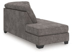 Graphite corner chaise with boxy seat, rolled arm, and dark legs