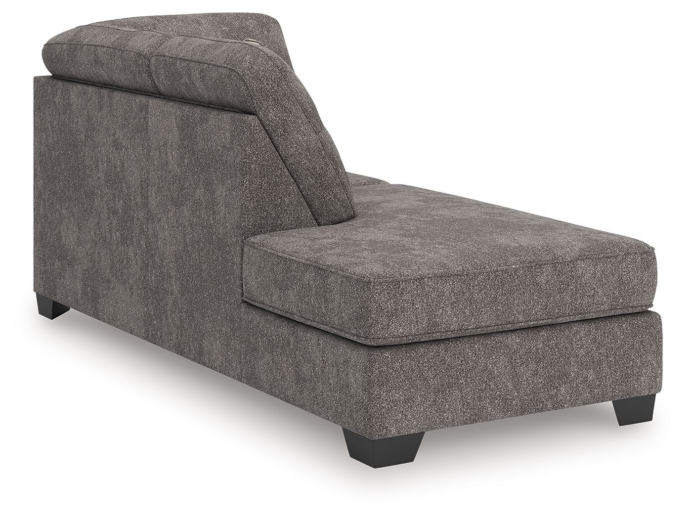 Graphite corner chaise with boxy seat, rolled arm, and dark legs