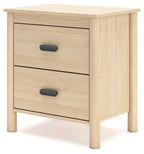 Light tan wood two-drawer nightstand with black handles and simple side paneling