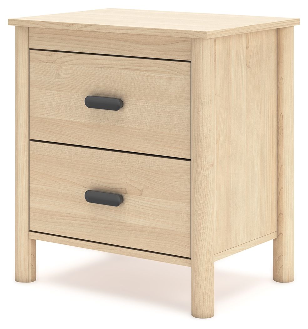 Light tan wood two-drawer nightstand with black handles and simple side paneling