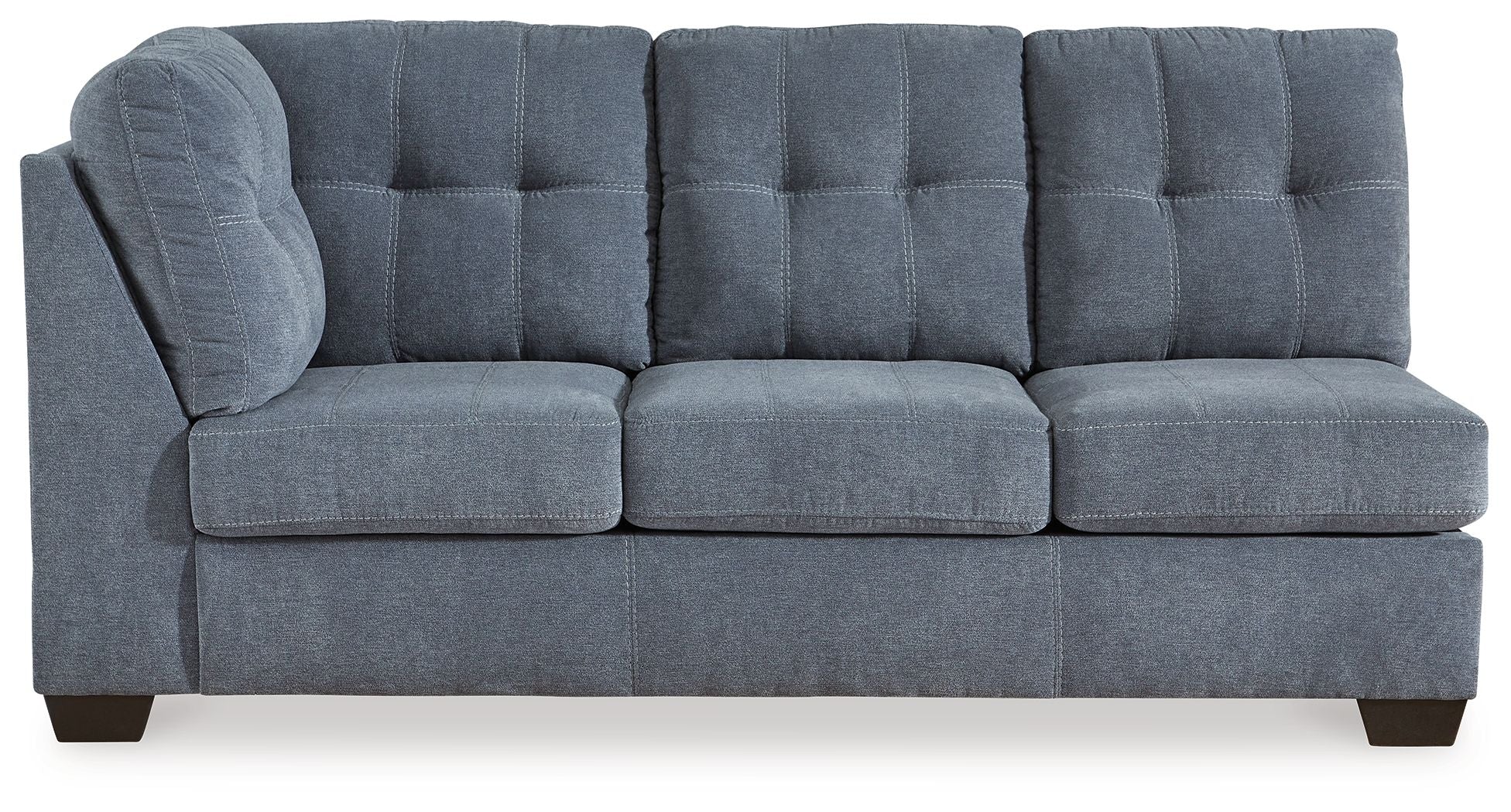 Blue-gray fabric sofa with tufted back panels, two wide seat cushions, and dark block legs