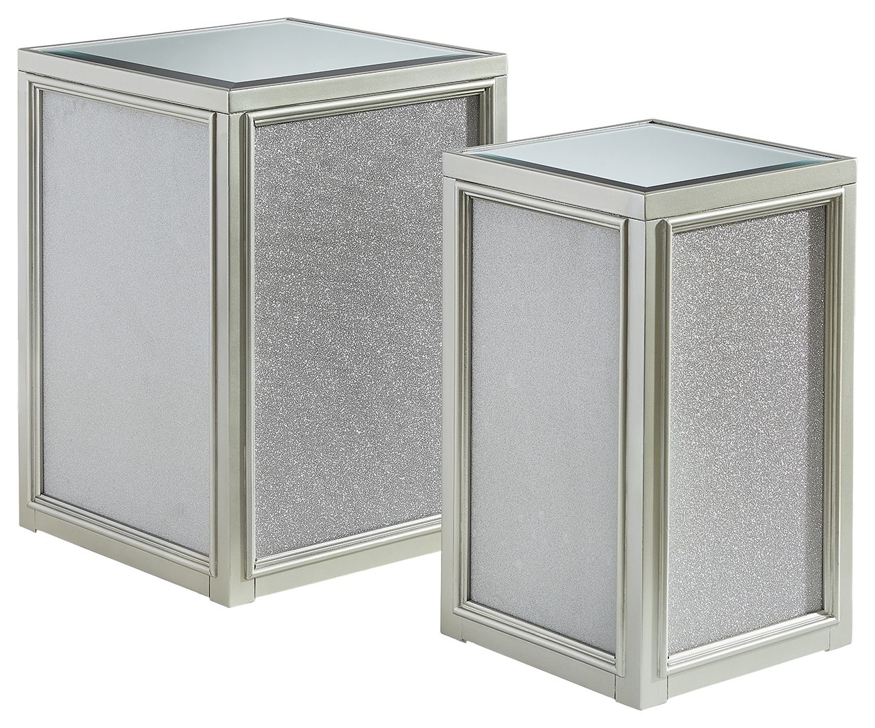 Silver nesting end tables set with textured panel fronts and glass tops, angled view