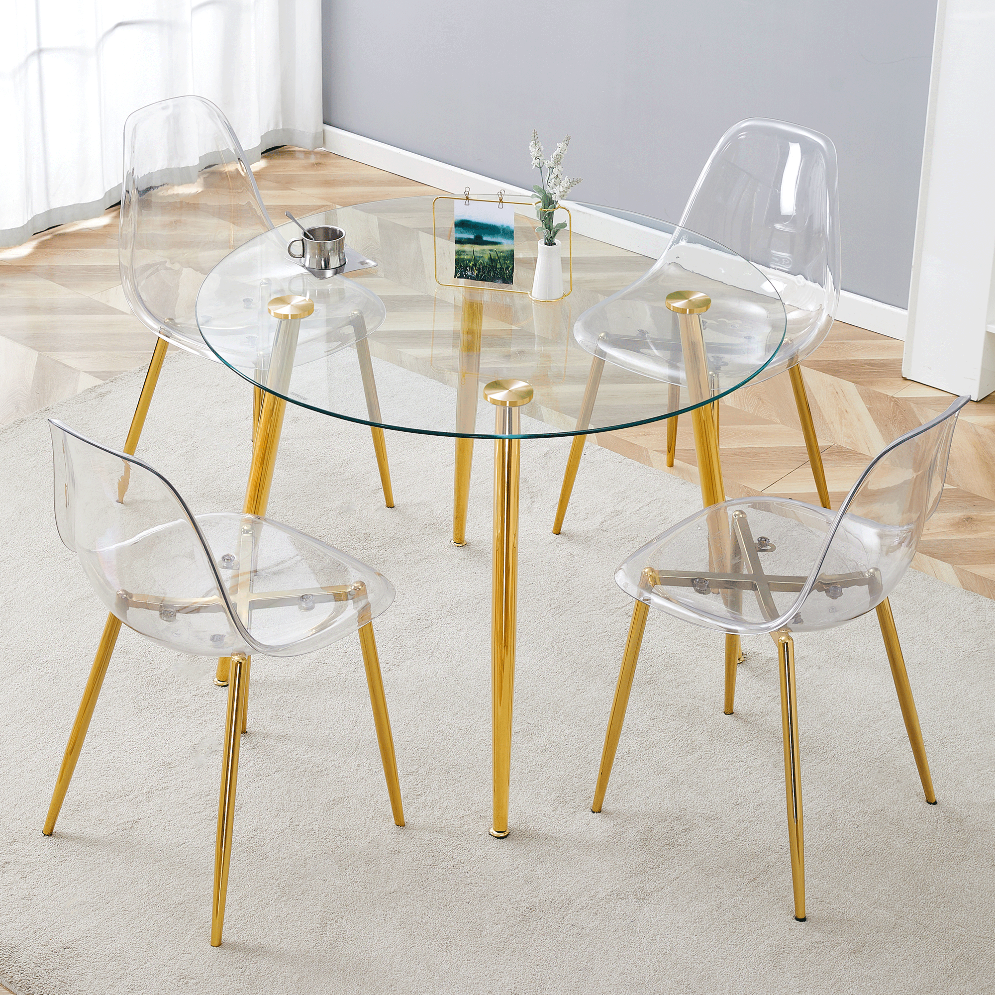 Modern Round Glass Dining Table & 4 Chairs Set