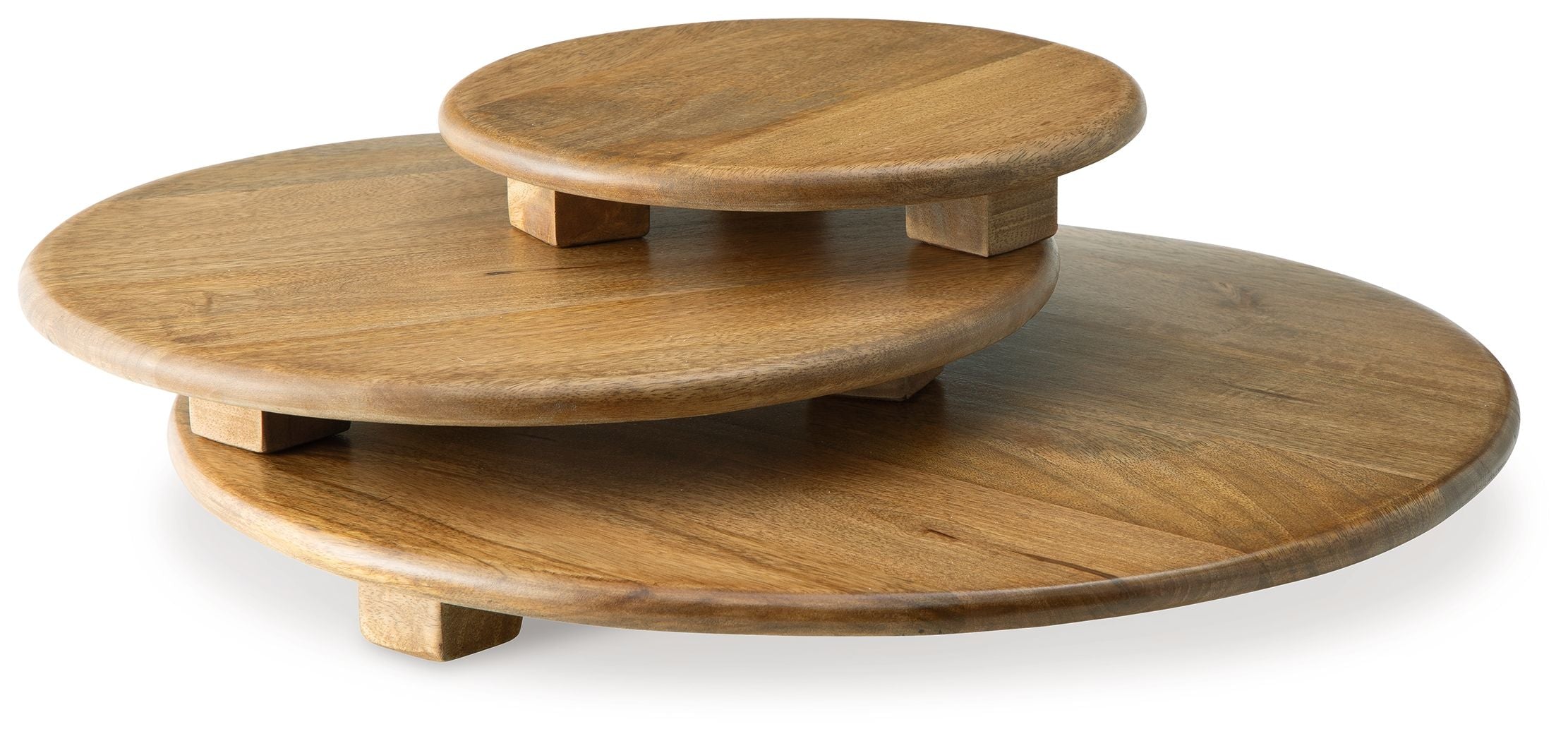 Kaidler brown wooden tray set, three round stacking trays with raised feet