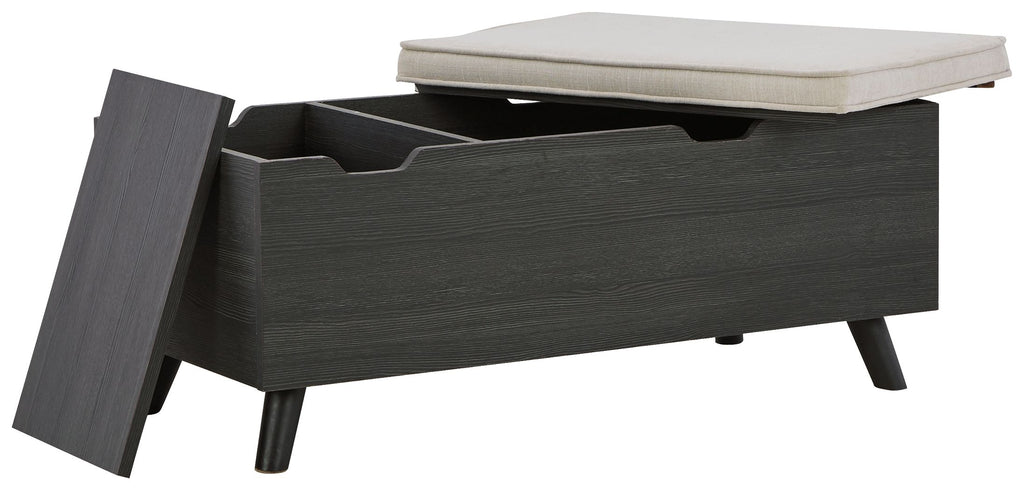 Dark gray storage bench with open hinged lid and beige seat cushion