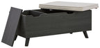 Dark gray storage bench with open hinged lid and beige seat cushion