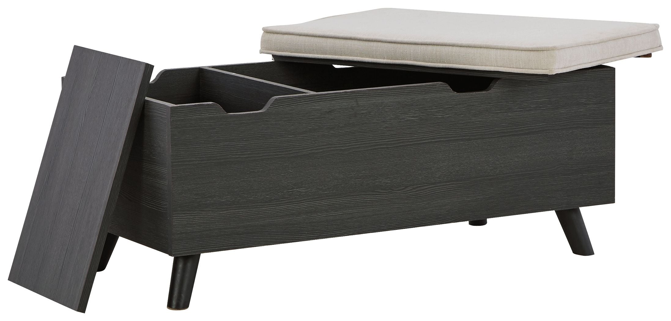 Dark gray storage bench with open hinged lid and beige seat cushion