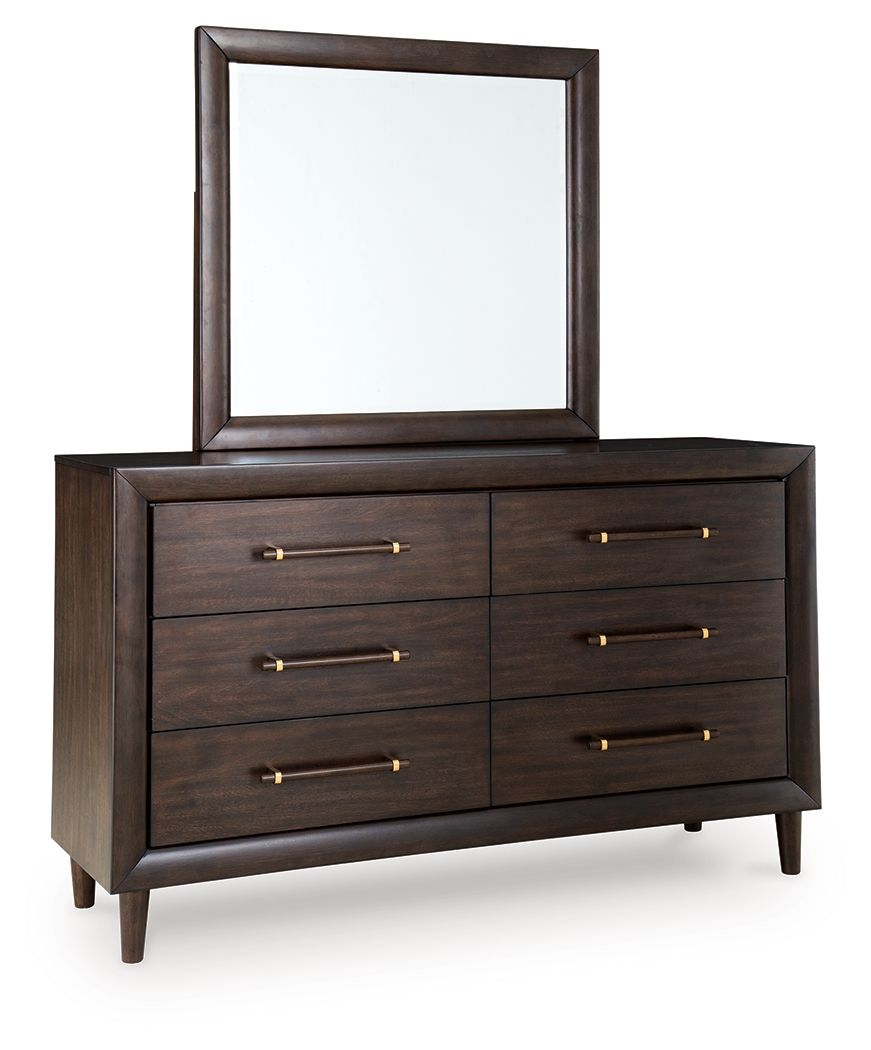 Dark brown dresser with mirror frame, 6 drawers with brass bar handles