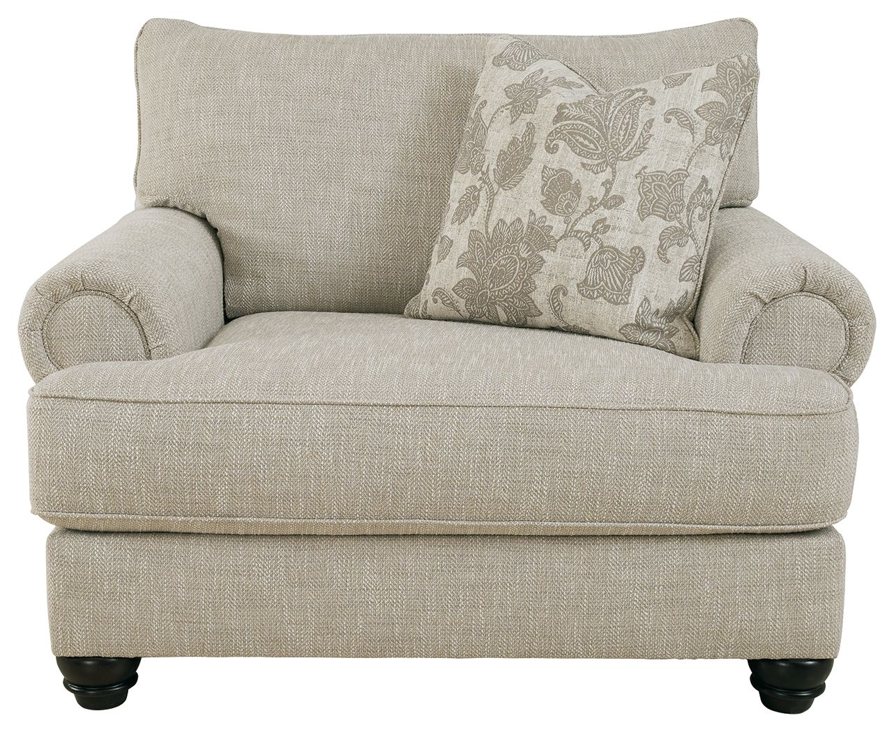 Light gray linen-style armchair with rounded arms and patterned accent throw pillow