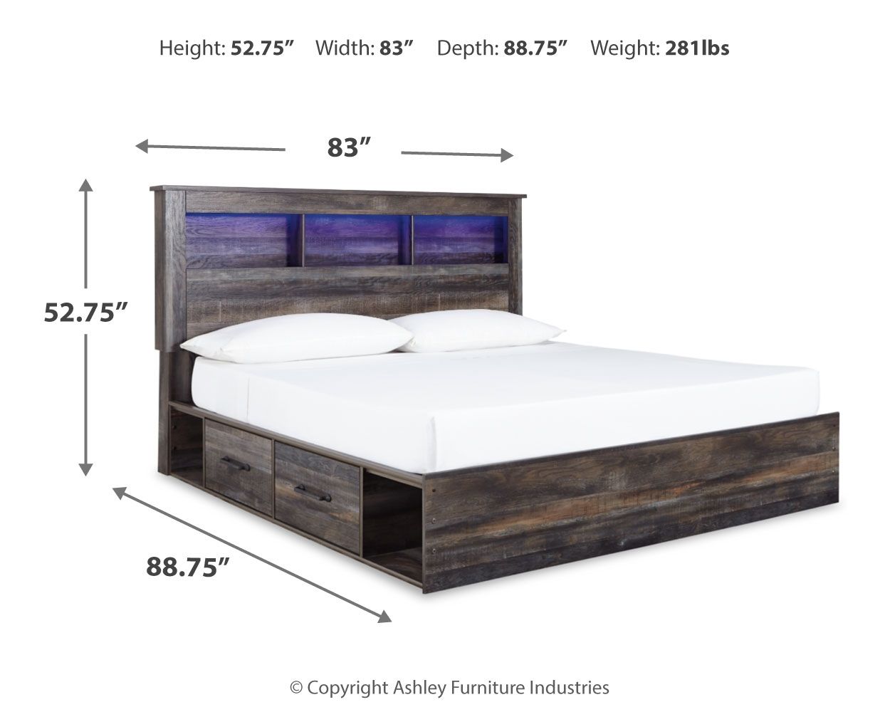 Panel bookcase bed with dark wood frame, white mattress, and blue-lit headboard panels