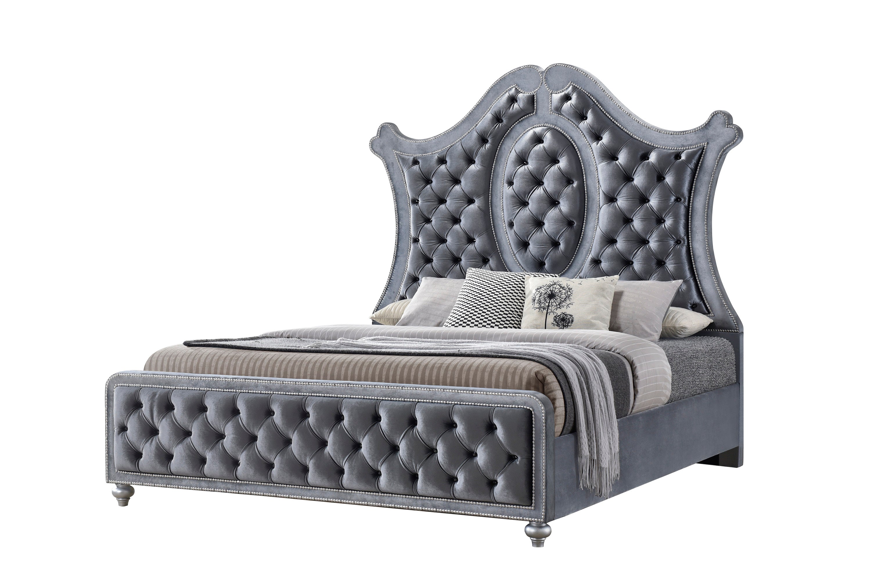 Queen Panel Bed - Tufted Gray Upholstery & Nailhead Trim