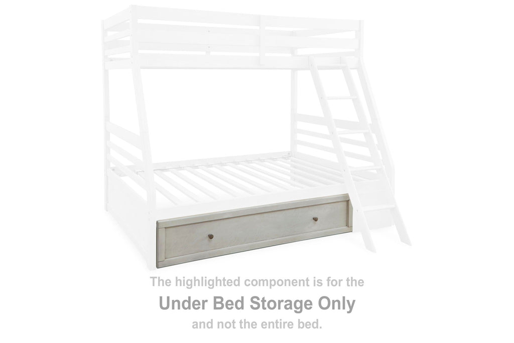 Under-bed storage drawer, antique white, with metal pull and open front panel