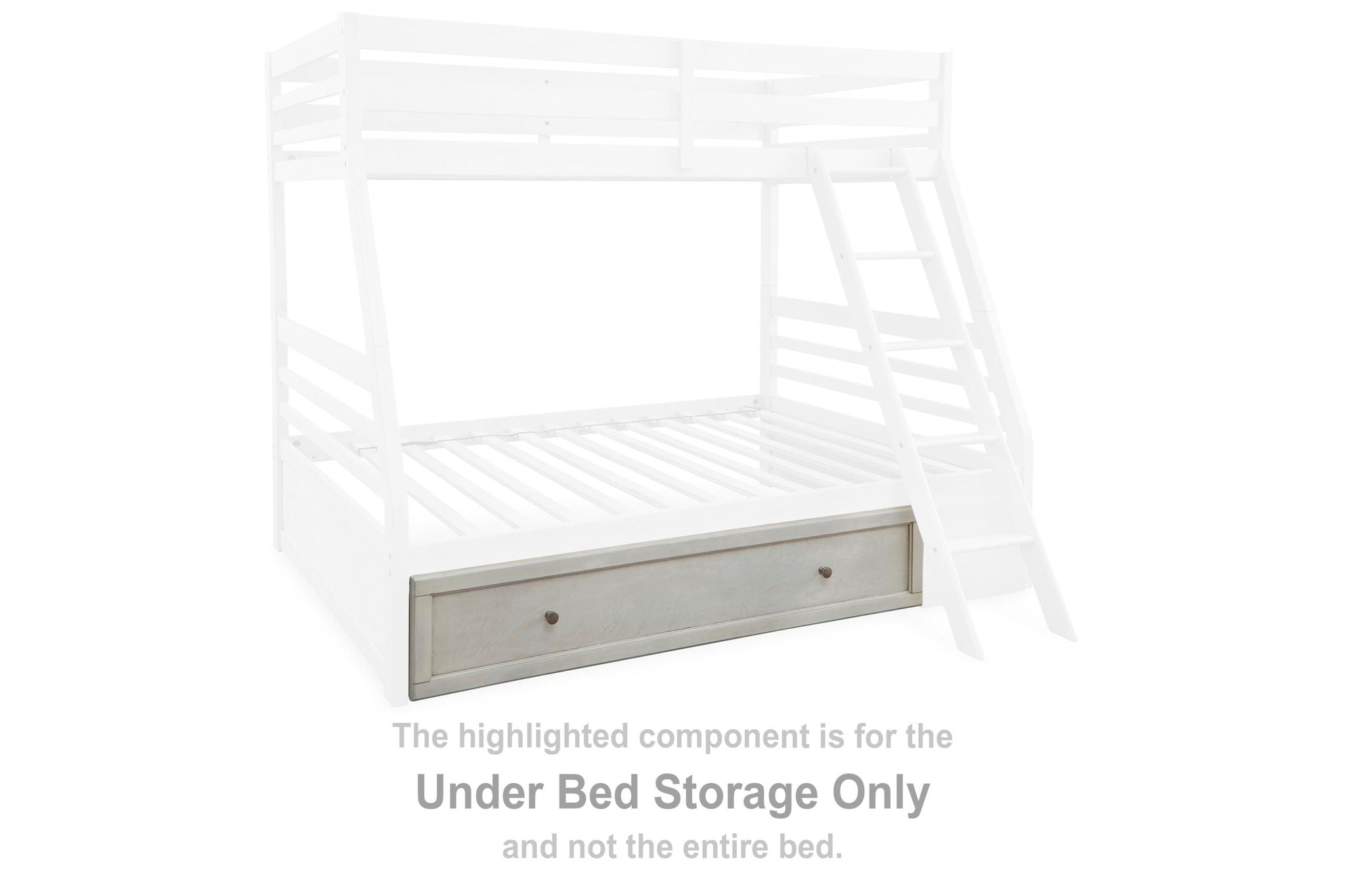 Under-bed storage drawer, antique white, with metal pull and open front panel