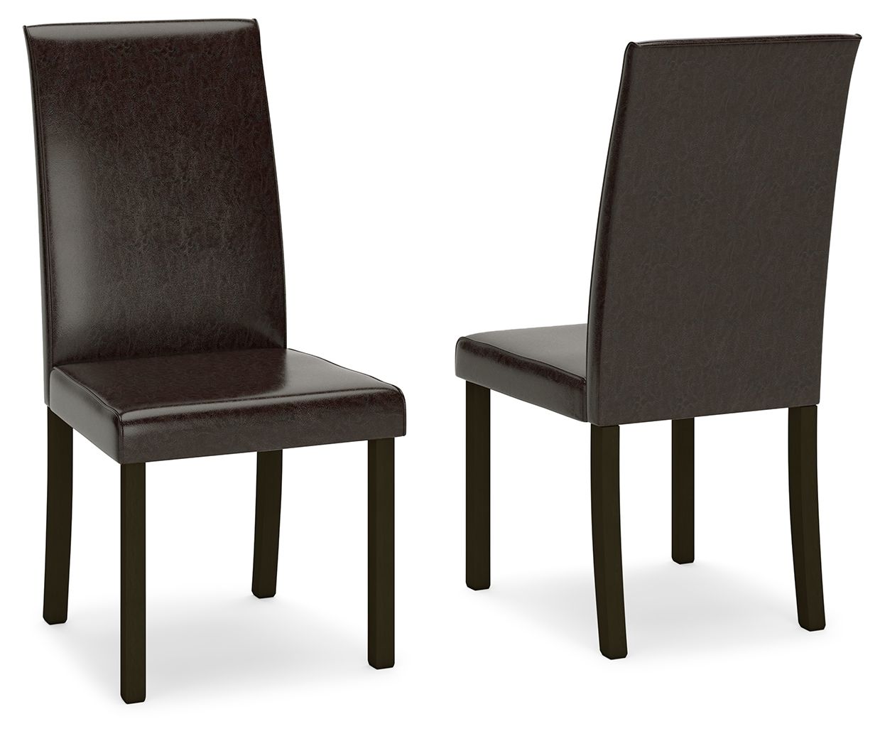 Dining side chair in dark brown upholstery with tall backrest and wooden legs