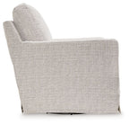 Light beige upholstered swivel glider accent chair side view with curved backrest