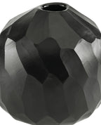 Black faceted vase with circular mouth opening, spherical shape